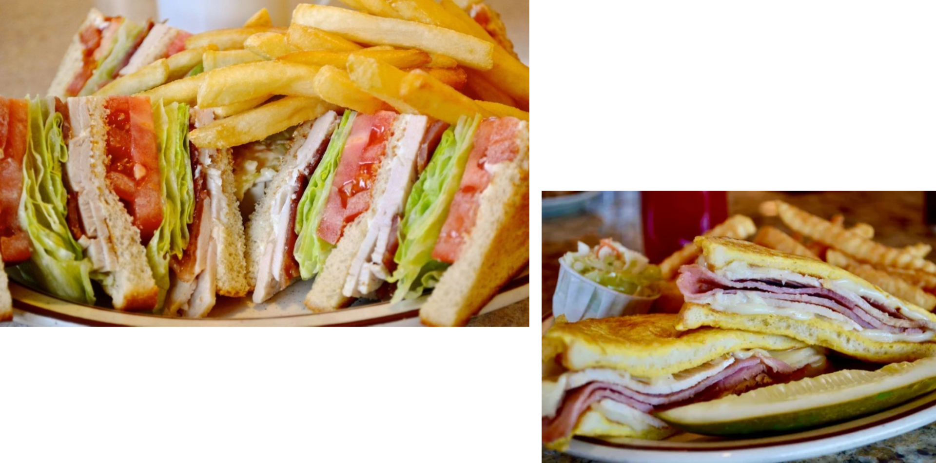 A sandwich and french fries are shown.